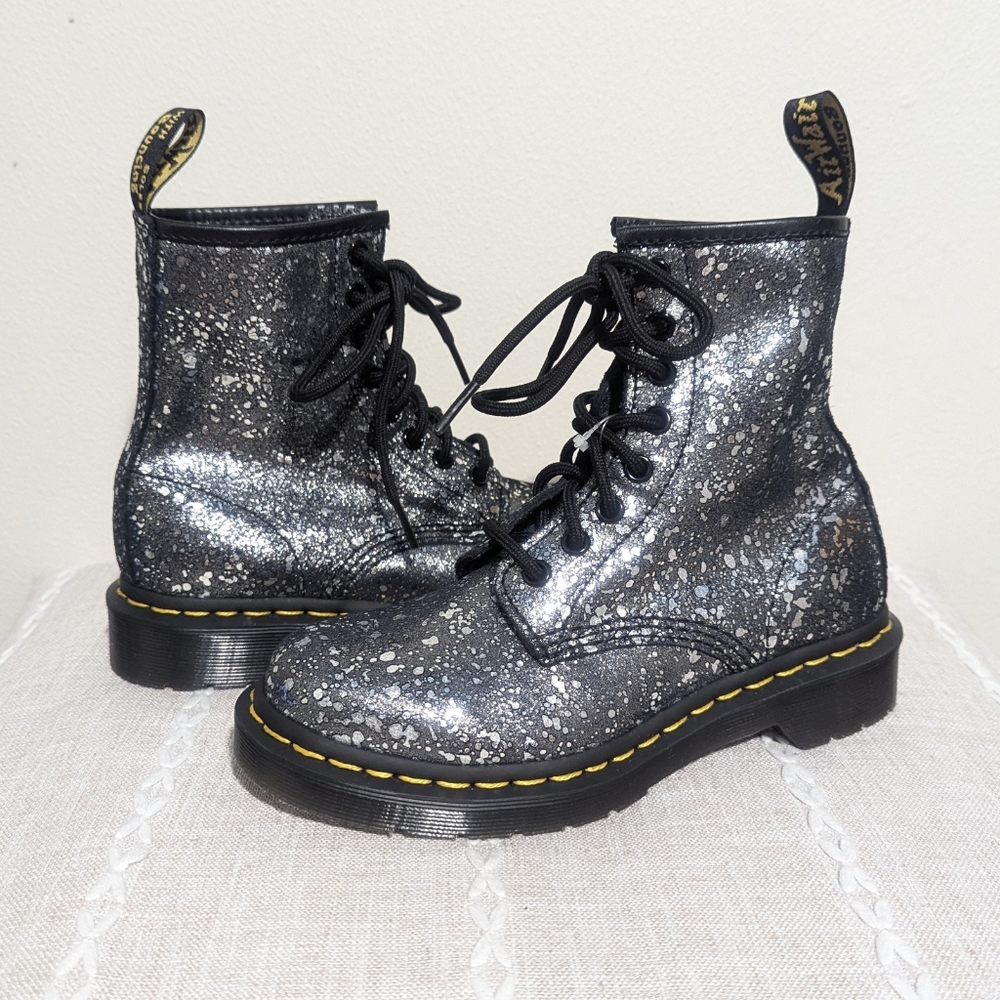 Dr Doc Martens Black Metallic Paint Splatter Leather Suede Boots Size 5